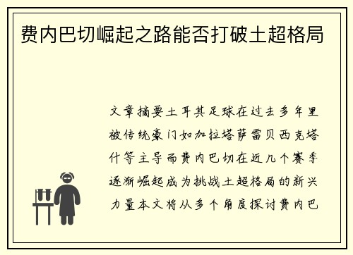 费内巴切崛起之路能否打破土超格局